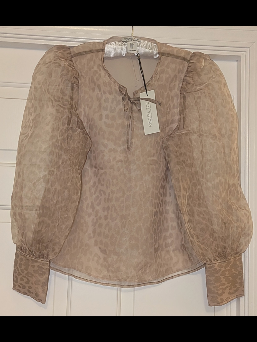 Rachel Zoe Sz Sm Sheer Taupe Leopard-Print Puff Sleeve Keyhole Blouse